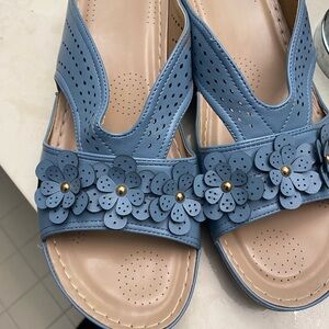 Elegant Blue Floral Wedge Sandals